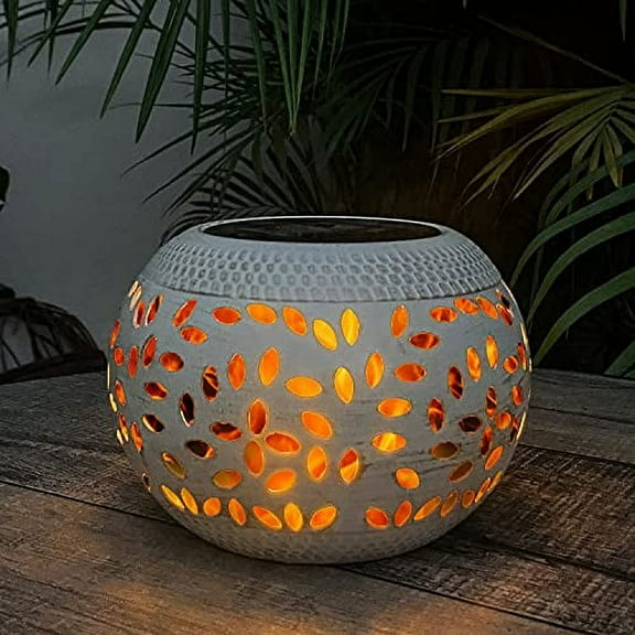 pearlstar Table Solar Lights Outdoor Waterproof - Dancing Flickering Flame Lamp White Metal Tabletop Light Solar Powered Decorative Lighting Lantern for Desk Bedroom Patio Garden Pathway Yard (1 Pack)