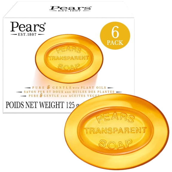 Pears Soap, Pure & Gentle with Natural Oils, 6-Pack Transparent Amber Glycerin Soap for Pampered, Glowing Skin, 4.4 Oz Ea