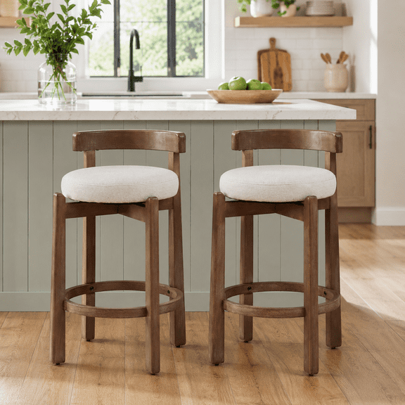 Peasulin Set of 2 Swivel Counter Stools, 26 Inch Linen Bar Stools with Back, Solid Wood Frame and Footrest for Kitchen Island, Beige