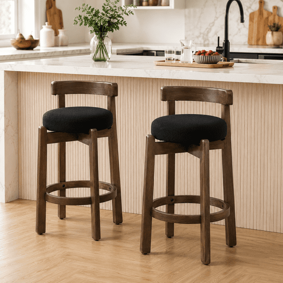 Peasulin Set of 2 Swivel Counter Stools, 26 Inch Black Linen Bar Stools with Back, Rubberwood Frame and Footrest, Counter Height Chairs for Kitchen Island