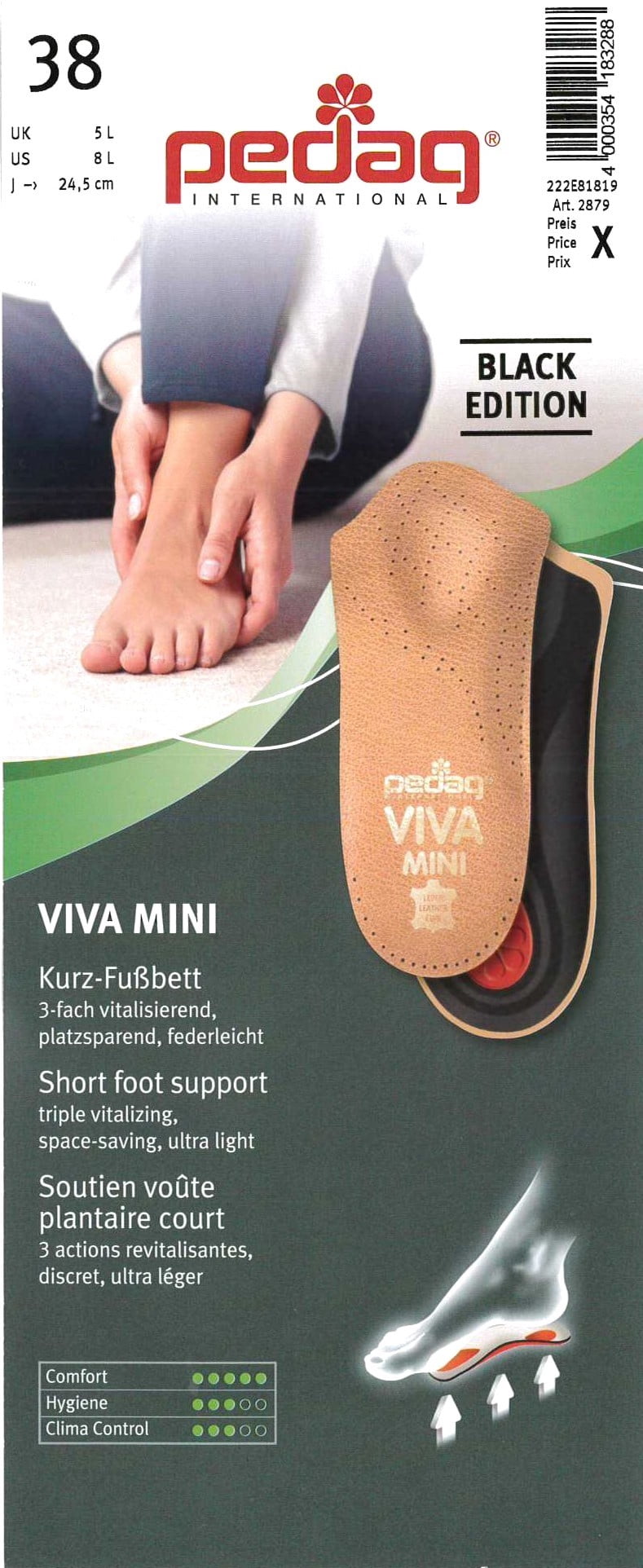 pedagÃÂ® VIVA MINI 3/4 Ultra Thin Leather Orthotic with Semi-Rigid Arch Support, Metatarsal & Heel Pad, Black, M14