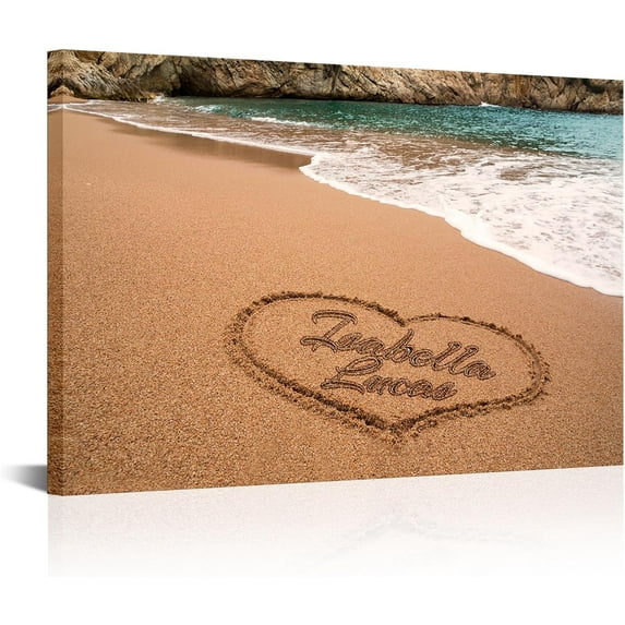 pehao Personalized Couple''s Names on Heart Shaped Beach Canvas Wall art Custom Unique Sand Poster Prints Framed Love Gifts for Him Her Anniversary Wedding Engagement Valentine''s Day 12×18inch