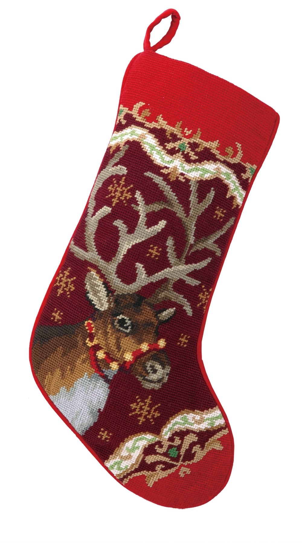 Red Wool Needlepoint Christmas Stocking with Deer Design