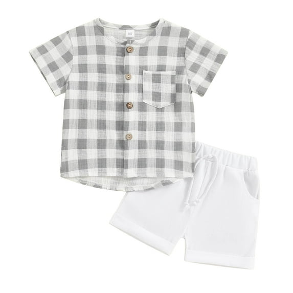 pengnight Kid Toddler Baby Boy Summer Short Clothes Outfits, 6 12 18 24 Months 2T 3T 4T Round Neck Short Sleeve Plaid Print Tops and Elastic Waist Solid Color Shorts 2Pcs Set