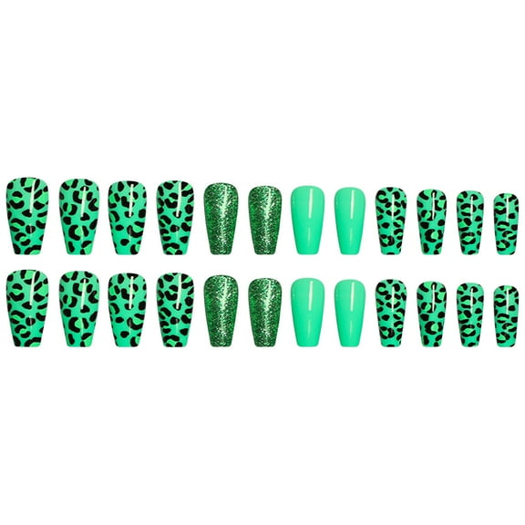 pengxiang Clearance Nails Kit Acrylic Set,Green Leopard Print Nails 24 Pieces Nails Nail Set Including Nail Glue Acrylic Nail Glue To Ladies And Girls Nails