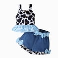 thumbnail image 1 of peqiut Toddler Girl Denim Western Outfit Baby Cowgirl Clothes 12 18 24 Months 3T 4T 5T Ruffle Cow Print Shirt Button Down Tops Belted Jeans Shorts Set, 1 of 9