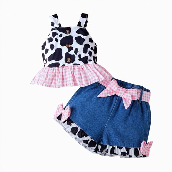 peqiut Toddler Girl Denim Western Outfit Baby Cowgirl Clothes 12 18 24 Months 3T 4T 5T Ruffle Cow Print Shirt Button Down Tops Belted Jeans Shorts Set