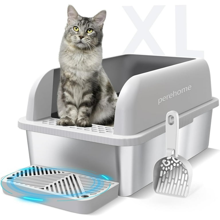 perehome Extra Large Cat Litter Box with Scatter Shield Open Top High Sided Cat Litter Pan grey Walmart