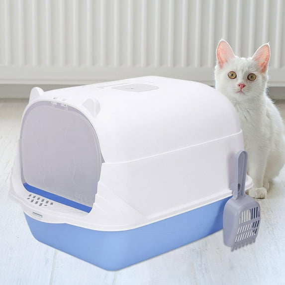 perfeclan Cat with Lid Enclosed and Covered Cat Toilet Anti Splashing Easy to Clean Kitten Potty Enclosed Blue and White