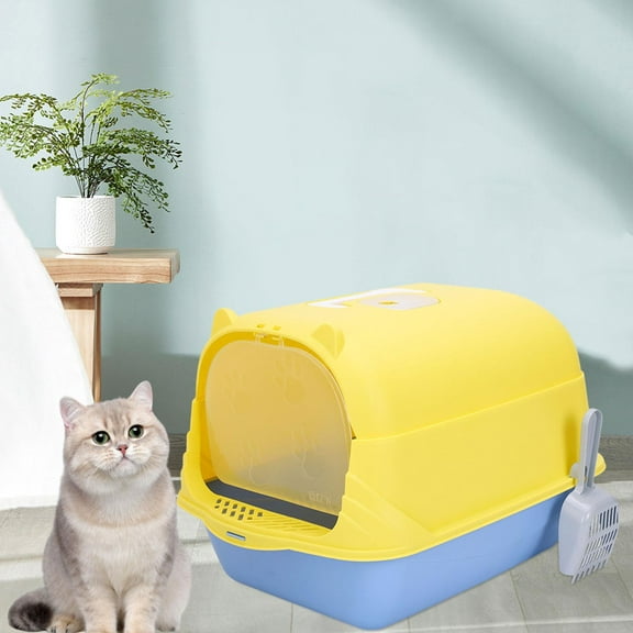 perfeclan Cat with Lid Enclosed and Covered Cat Toilet Anti Splashing Easy to Clean Kitten Potty Enclosed Yellow and Blue