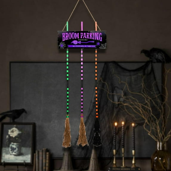 perfeclan Halloween Decoration with 3 Witches Brooms Bar Scene Layout Broom Parking Light Sign for Front Porch Indoor/Outdoor Wall Tree Black