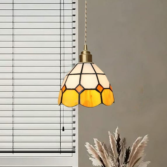 perfeclan Pendant Lamp Stained Glass Fixture Hanging Light for Cafe Kitchen Ceiling Ornament Orange white plaid