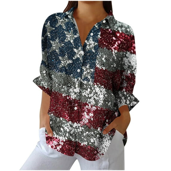 perfectbot 4th of July Women's Collared Button Down Shirts Long Sleeve Relaxed Fit Comfy Summer Fall Blouses Tops S-XXL