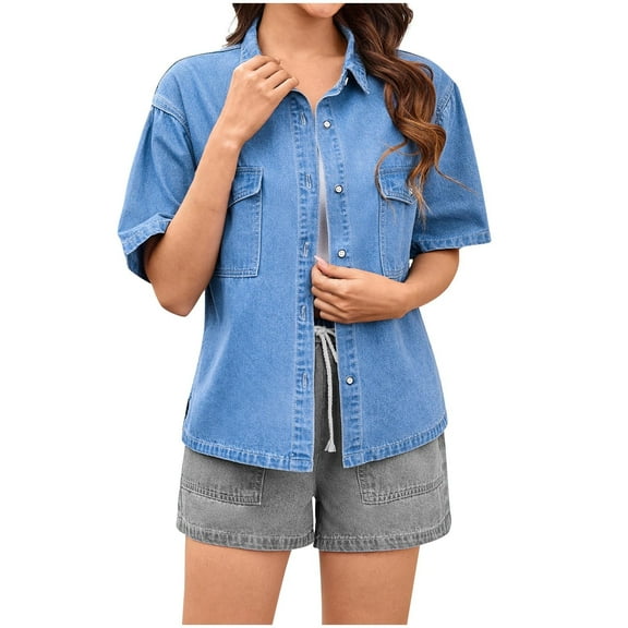 Perfectbot Button Down Denim Shirts for Women Double Pockets Short Sleeve Summer Top Workout Blouses 2025 S-XL