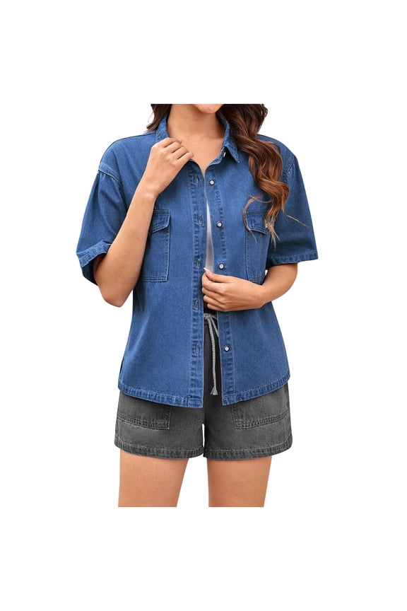 Button Down Denim Shirts for Women Top Summer Double Pocket Short Sleeve Blouses Workout Clothes 2025 S-XL