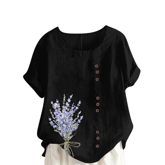 perfectbot Cotton Linen Tops for Womens Floral Print Soft Shirts Plus Size Short Sleeve Button Summer Tops S-5XL