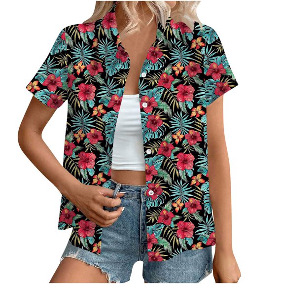 perfectbot Plus Size Womens Button Down Shirts Short Sleeve Top Print Summer Blouses Workout Clothes 2025 S-5XL