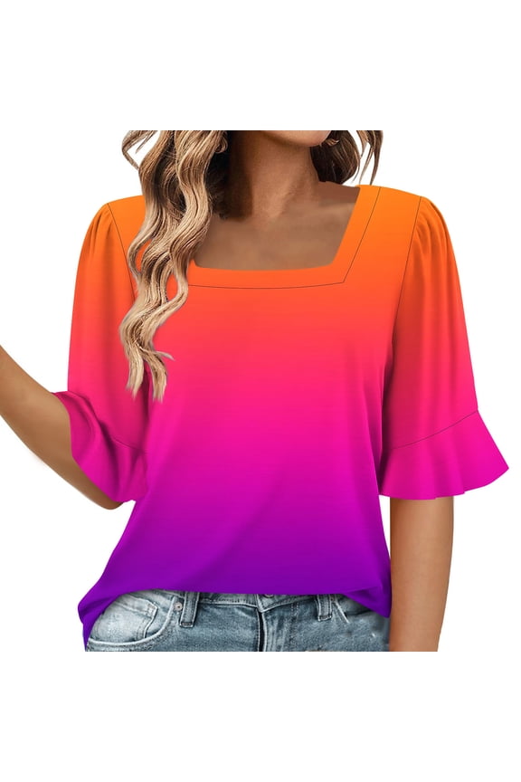 Short Sleeve Blouses for Womens Summer Dressy Soft Square Neck Shirts Going Out Trendy ,S-XXL