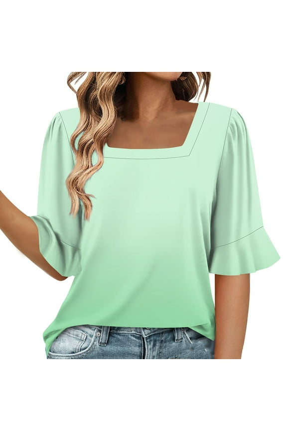 Short Sleeve Blouses for Womens Summer Square Neck Soft Dressy Shirts Going Out Trendy ,S-XXL