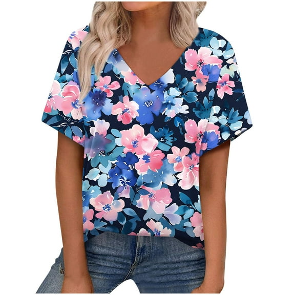 perfectbot Short Sleeve Tops for Womens Blouses Dressy V-Neck Breathable Print Summer Shirts 2025 Fashion ,S-3XL