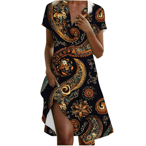perfectbot Sundresses for Women Short Sleeve Floral Print Loose Summer V-Neck Casual Beach Vacation Boho Dress ,S-XXL