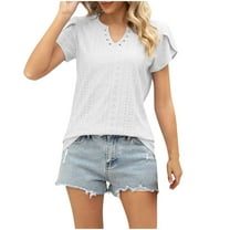 perfectbot Women Blouses Plain Short Sleeve Cutout Summer V-Neck Shirts Beach Vacation Fashion Outfits Size S-XXL
