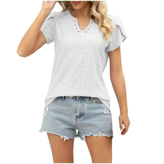 perfectbot Women Blouses Plain V-Neck Short Sleeve Summer Cutout Shirts Beach Vacation Fashion Outfits Size S-XXL