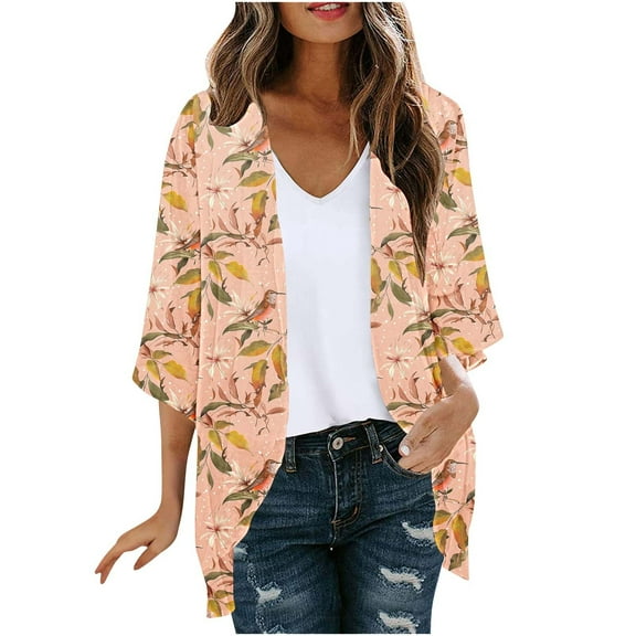 perfectbot Women Shirts Lightweight Long 3/4 Sleeve Shawl Chiffon Cardigans Beach Wear Open Front Cover Up Summer Tops