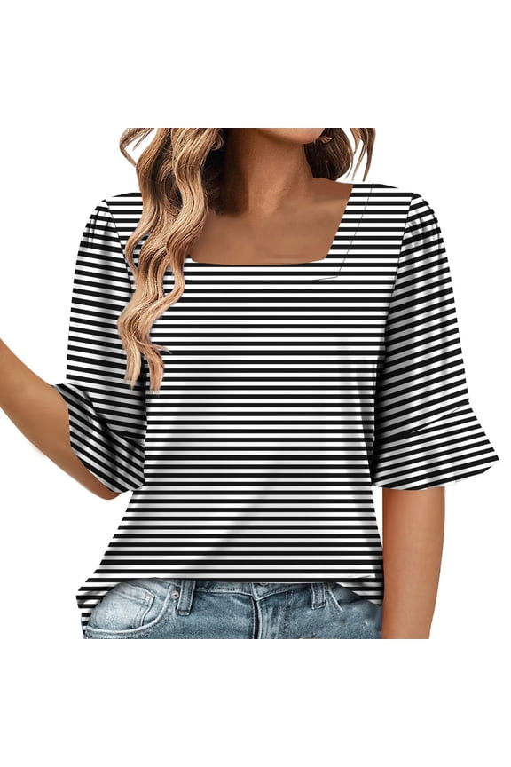 Women Short Sleeve Blouses Square Neck Summer Lightweight Shirts Fashion Dressy Casual Tops ,S-XXL