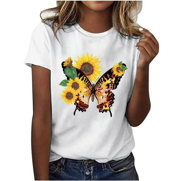 perfectbot Women Short Sleeve T-Shirts Summer Breathable Floral Print Top Plus Size Crew Neck Tee Blouses S-3XL
