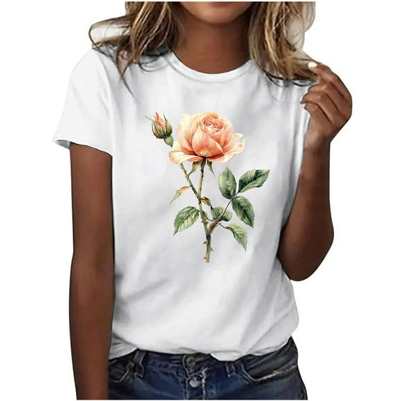 perfectbot Women Short Sleeve T-Shirts Summer Tee Top Plus Size Breathable Floral Print Crew Neck Blouses S-3XL