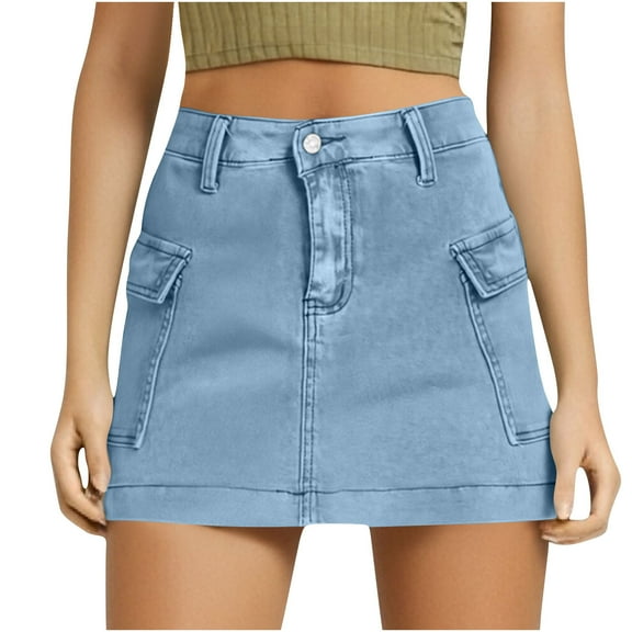 perfectbot Women Summer Denim Skirt Fashion Stretchy Slim Elegant Pocket Mid-Waist Mini Skirts Cute Outfit