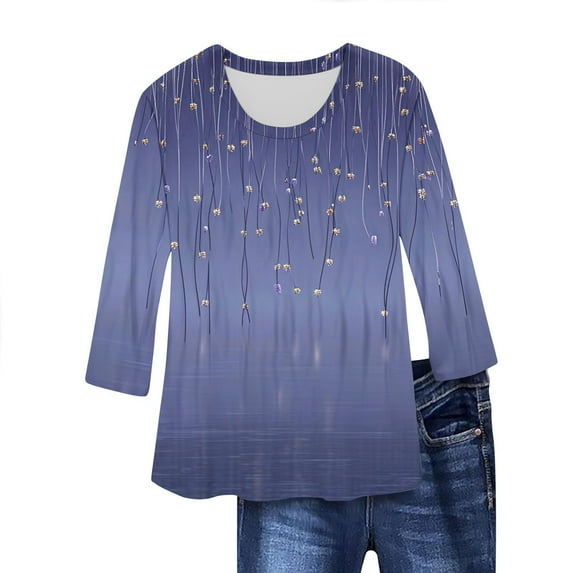 perfectbot Women T-Shirts Crew Neck Casual Fashion Summer Plus Size Blouses 3/4 Sleeve Print Tops S-5XL