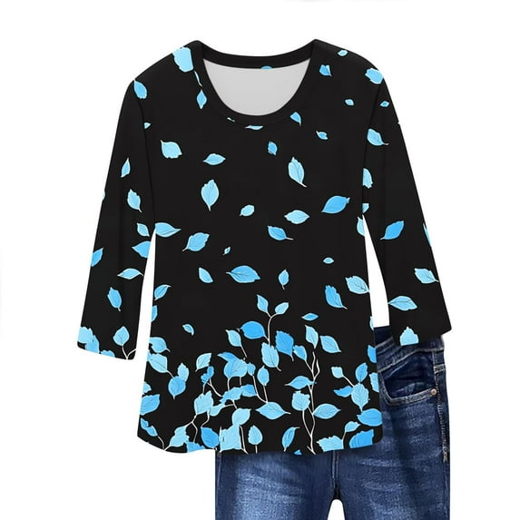 perfectbot Women T-Shirts Crew Neck Casual Print 3/4 Sleeve Fashion Plus Size Blouses Summer Tops S-5XL