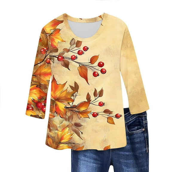 perfectbot Women T-Shirts Crew Neck Print Casual Fashion 3/4 Sleeve Plus Size Blouses Summer Tops S-5XL