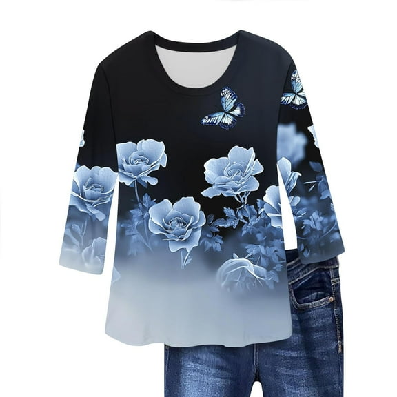 perfectbot Women T-Shirts Crew Neck Print Fashion Blouses 3/4 Sleeve Summer Casual Plus Size Tops S-5XL
