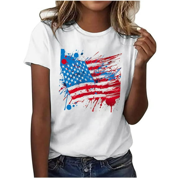 perfectbot Women T-Shirts Fourth of July Print Plus Size Tee Summer Short Sleeve Top Blouses Going Out Trendy S-3XL