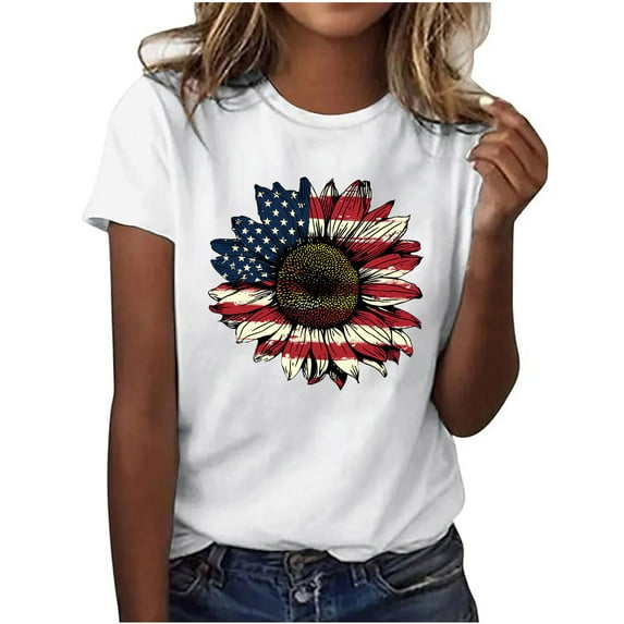 perfectbot Women T-Shirts Fourth of July Print Tee Summer Plus Size Short Sleeve Top Blouses Going Out Trendy S-3XL