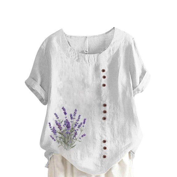 perfectbot Women Tops Shirts Short Sleeve Cotton Linen Plus Size Summer Soft Graphic Print Tops Boho Clothes S-5XL
