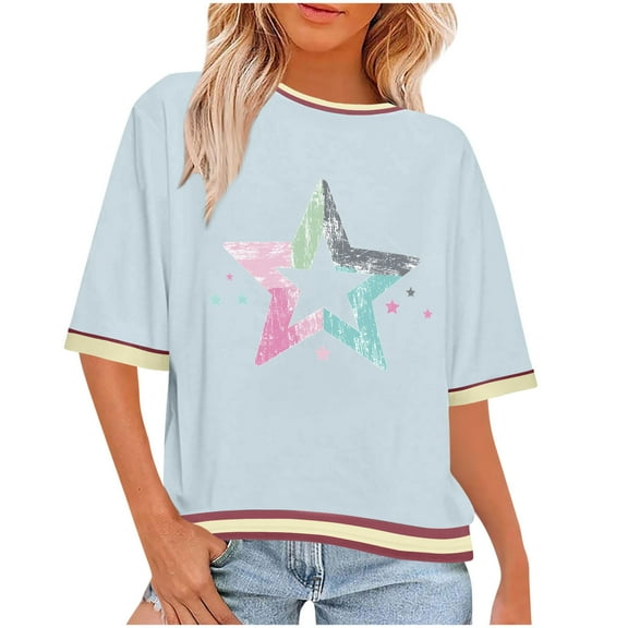 perfectbot Women's Cotton Star Print Crew Neck T-Shirt - Summer Half-Sleeve Relaxed Fit Casual Fashion Top (S-3XL)