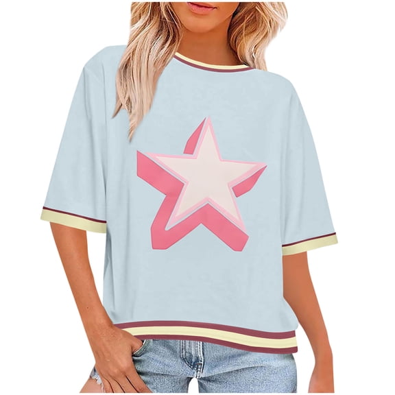 perfectbot Women's Cotton Star Print Crew Neck T-Shirt - Summer Half-Sleeve Relaxed Fit Casual Fashion Top (S-3XL)
