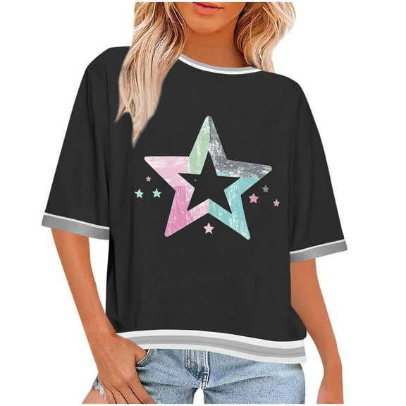 perfectbot Women's Cotton Star Print Crew Neck T-Shirt - Summer Half-Sleeve Relaxed Fit Casual Fashion Top (S-3XL)