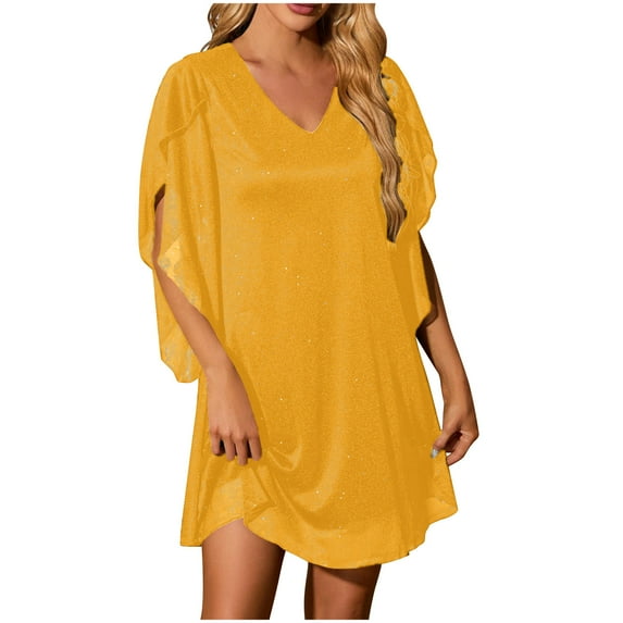 perfectbot Women's Half Sleeve Party Dresses Casual Loose V-Neck Knee-Length Dress 2025 Trendy Clothes