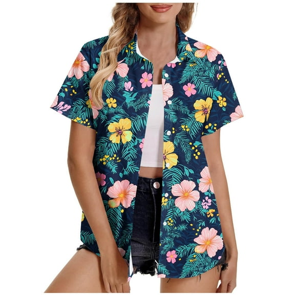 perfectbot Women's Hawaiian Shirts Button Down Summer Short Sleeve Top Plus Size Blouses Boho Floral Beach Shirt S-5XL