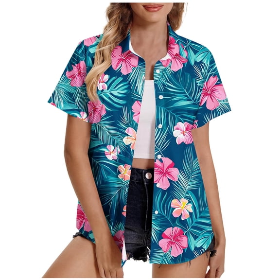 perfectbot Women's Hawaiian Shirts Plus Size Button Down Top Summer Short Sleeve Blouses Boho Floral Beach Shirt S-5XL