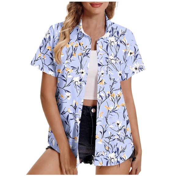 perfectbot Women's Hawaiian Shirts Short Sleeve Top Plus Size Button Down Summer Blouses Boho Floral Beach Shirt S-5XL