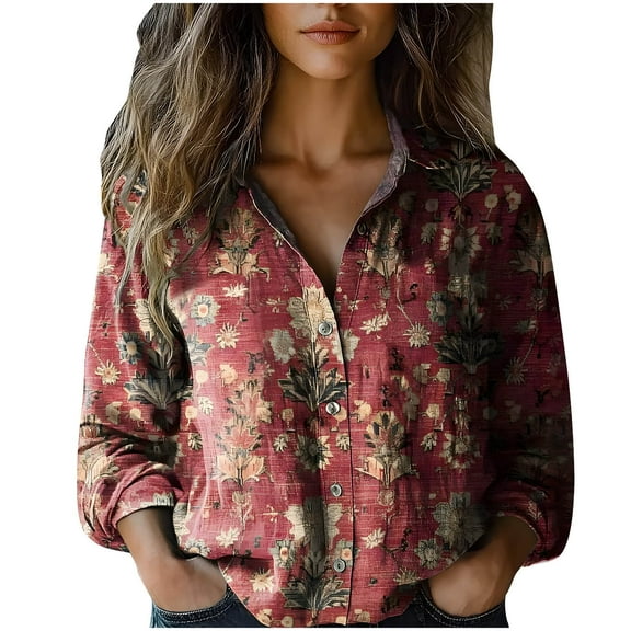 perfectbot Women's Retro Print Cotton Linen Button Down Shirt - Relaxed Fit Long Sleeve Casual Fall Blouse - S-3XL