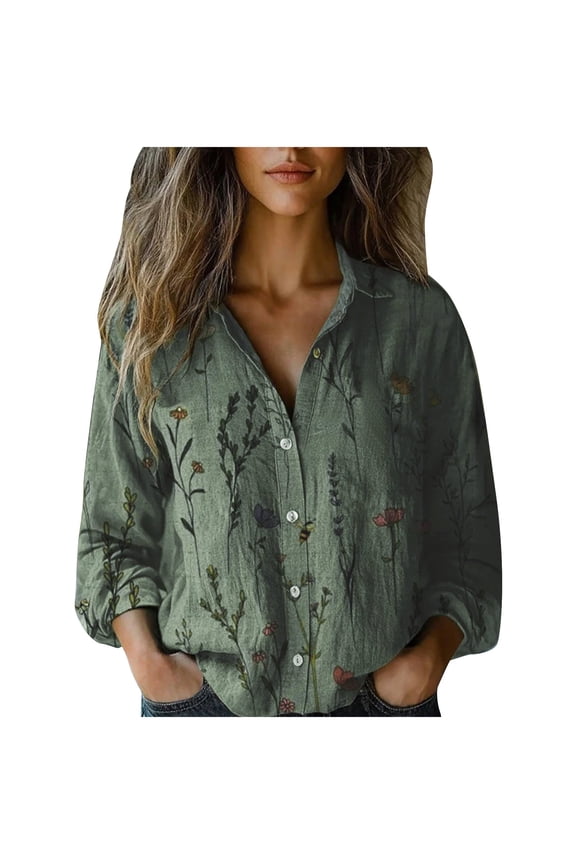 Women's Retro Print Cotton Linen Button Down Shirt - Relaxed Fit Long Sleeve Casual Fall Blouse - S-3XL