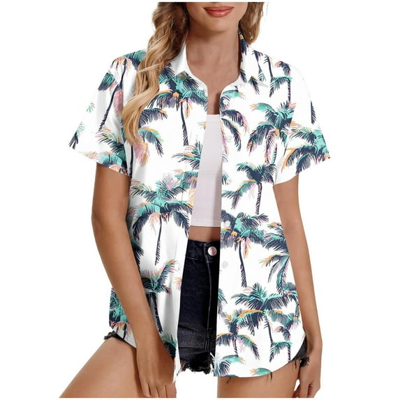 perfectbot Women's Short Sleeve Hawaiian Shirts Summer Plus Size Tropical Print Shirt Top Relaxed Fit Blouses S-5XL