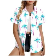 PERFECTBOT Womens Button Down Shirts Top Short Sleeve Plus Size Floral Hawaiian Shirt Blouses Hawaiian Party Shirt S-5XL